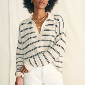 Faherty Cream and Navy V-Neck Sweater